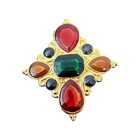 Jay Strongwater Signed Pendant Red Green Gold Tone Jewel Cross Brooch Vintage - Picture 1 of 6